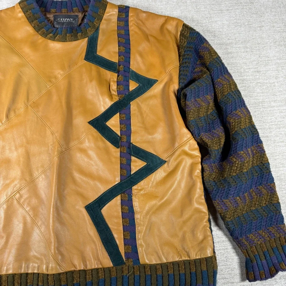 Saxony Sweater Mens XL Tan Leather Knit L/S Geometric Patchwork Vintage